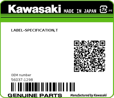 Product image: Kawasaki - 56037-1298 - LABEL-SPECIFICATION,T  0