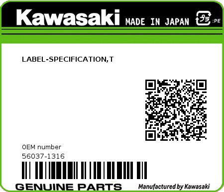 Product image: Kawasaki - 56037-1316 - LABEL-SPECIFICATION,T  0