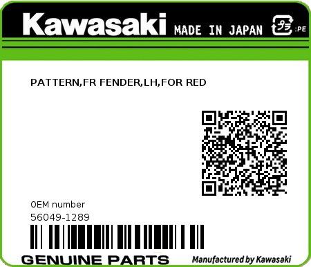 Product image: Kawasaki - 56049-1289 - PATTERN,FR FENDER,LH,FOR RED  0