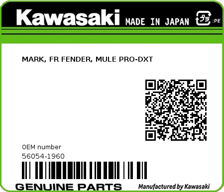 Product image: Kawasaki - 56054-1960 - MARK, FR FENDER, MULE PRO-DXT  0