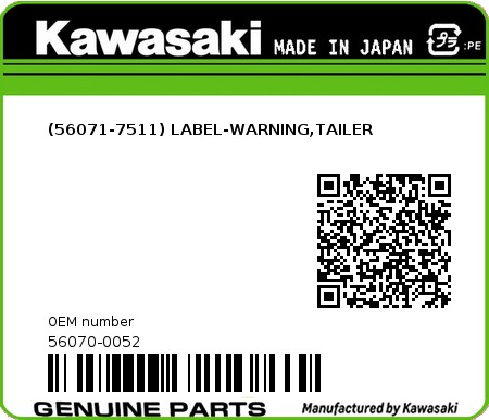 Product image: Kawasaki - 56070-0052 - (56071-7511) LABEL-WARNING,TAILER  0