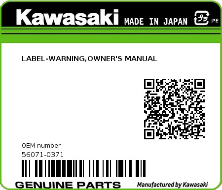 Product image: Kawasaki - 56071-0371 - LABEL-WARNING,OWNER'S MANUAL  0