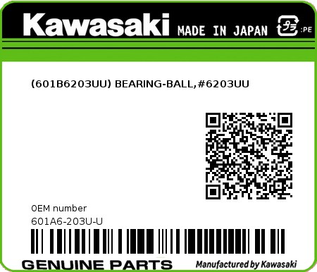 Product image: Kawasaki - 601A6-203U-U - (601B6203UU) BEARING-BALL,#6203UU  0