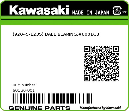 Product image: Kawasaki - 601B6-001 - (92045-1235) BALL BEARING,#6001C3  0