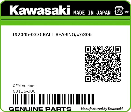 Product image: Kawasaki - 601B6-306 - (92045-037) BALL BEARING,#6306  0