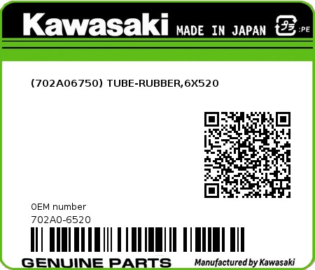 Product image: Kawasaki - 702A0-6520 - (702A06750) TUBE-RUBBER,6X520  0