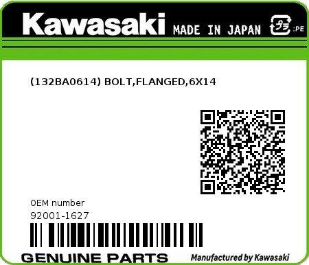 Product image: Kawasaki - 92001-1627 - (132BA0614) BOLT,FLANGED,6X14  0