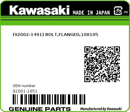 Product image: Kawasaki - 92001-1651 - (92002-1491) BOLT,FLANGED,10X105  0