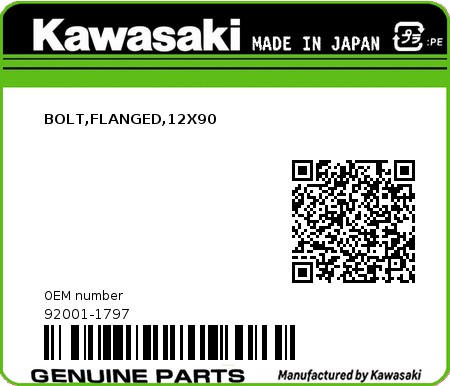 Product image: Kawasaki - 92001-1797 - BOLT,FLANGED,12X90  0