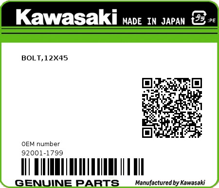 Product image: Kawasaki - 92001-1799 - BOLT,12X45  0