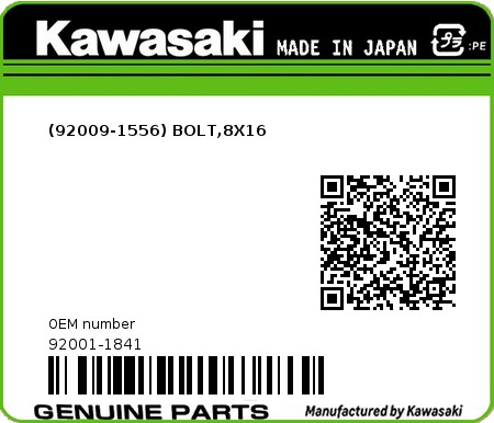 Product image: Kawasaki - 92001-1841 - (92009-1556) BOLT,8X16  0