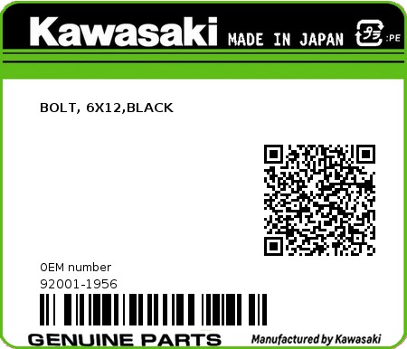 Product image: Kawasaki - 92001-1956 - BOLT, 6X12,BLACK  0