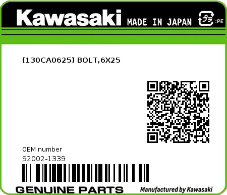 Product image: Kawasaki - 92002-1339 - (130CA0625) BOLT,6X25  0