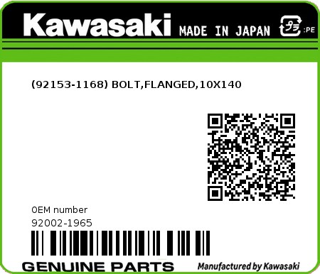 Product image: Kawasaki - 92002-1965 - (92153-1168) BOLT,FLANGED,10X140  0