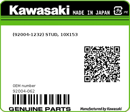 Product image: Kawasaki - 92004-062 - (92004-1232) STUD, 10X153  0