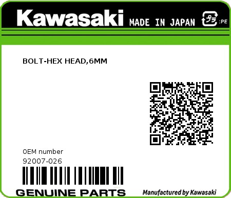 Product image: Kawasaki - 92007-026 - BOLT-HEX HEAD,6MM  0