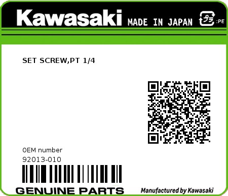 Product image: Kawasaki - 92013-010 - SET SCREW,PT 1/4  0