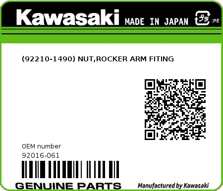 Product image: Kawasaki - 92016-061 - (92210-1490) NUT,ROCKER ARM FITING  0