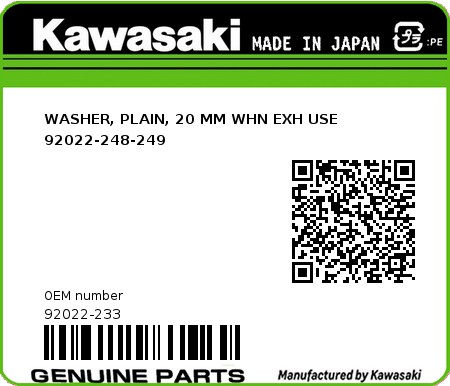 Product image: Kawasaki - 92022-233 - WASHER, PLAIN, 20 MM WHN EXH USE 92022-248-249  0