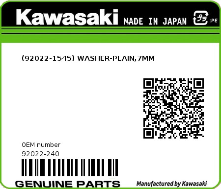 Product image: Kawasaki - 92022-240 - (92022-1545) WASHER-PLAIN,7MM  0