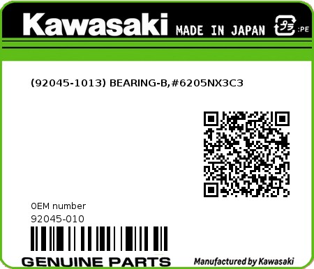 Product image: Kawasaki - 92045-010 - (92045-1013) BEARING-B,#6205NX3C3  0