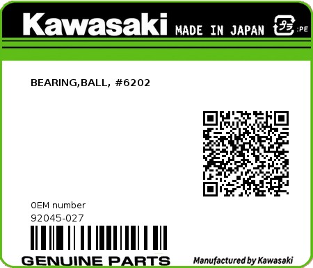 Product image: Kawasaki - 92045-027 - BEARING,BALL, #6202  0