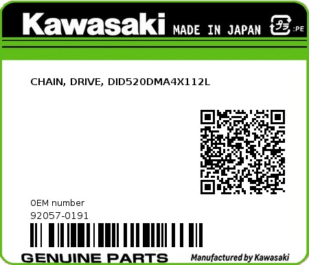 Product image: Kawasaki - 92057-0191 - CHAIN, DRIVE, DID520DMA4X112L  0