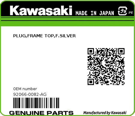Product image: Kawasaki - 92066-0082-AG - PLUG,FRAME TOP,F.SILVER  0