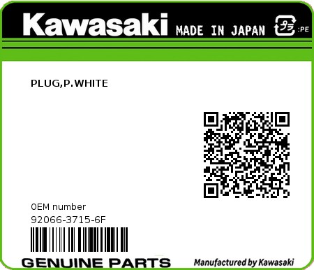 Product image: Kawasaki - 92066-3715-6F - PLUG,P.WHITE  0
