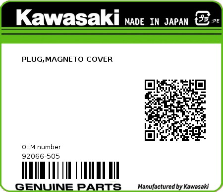 Product image: Kawasaki - 92066-505 - PLUG,MAGNETO COVER  0