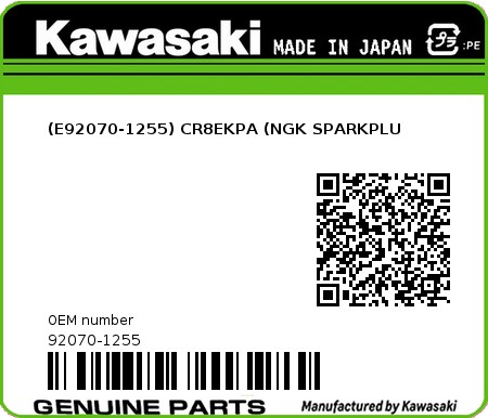 Product image: Kawasaki - 92070-1255 - (E92070-1255) CR8EKPA (NGK SPARKPLU  0