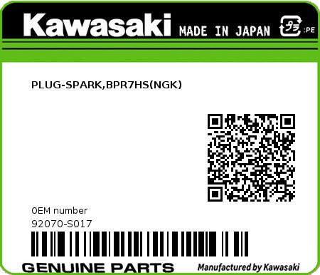 Product image: Kawasaki - 92070-S017 - PLUG-SPARK,BPR7HS(NGK)  0