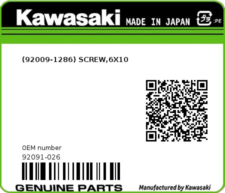Product image: Kawasaki - 92091-026 - (92009-1286) SCREW,6X10  0