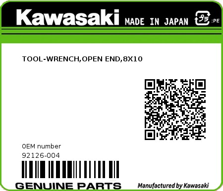 Product image: Kawasaki - 92126-004 - TOOL-WRENCH,OPEN END,8X10  0
