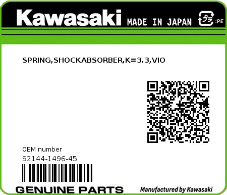 Product image: Kawasaki - 92144-1496-45 - SPRING,SHOCKABSORBER,K=3.3,VIO  0