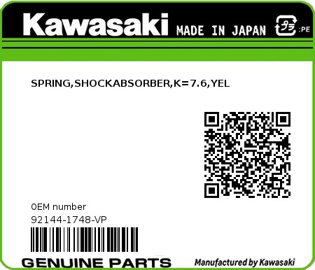 Product image: Kawasaki - 92144-1748-VP - SPRING,SHOCKABSORBER,K=7.6,YEL  0