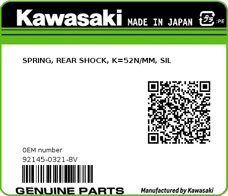 Product image: Kawasaki - 92145-0321-8V - SPRING, REAR SHOCK, K=52N/MM, SIL  0