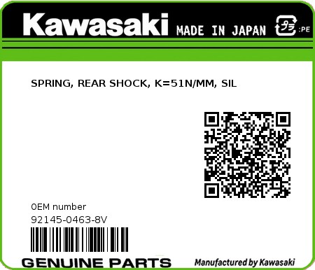 Product image: Kawasaki - 92145-0463-8V - SPRING, REAR SHOCK, K=51N/MM, SIL  0