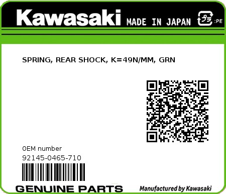 Product image: Kawasaki - 92145-0465-710 - SPRING, REAR SHOCK, K=49N/MM, GRN  0