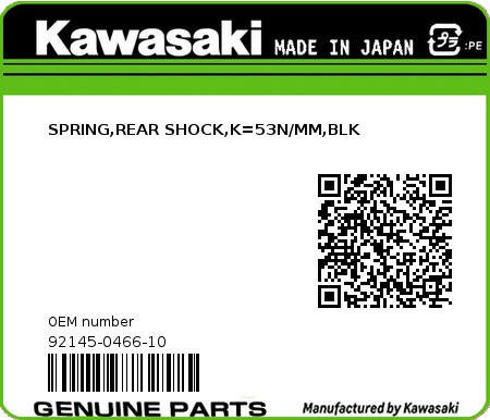 Product image: Kawasaki - 92145-0466-10 - SPRING,REAR SHOCK,K=53N/MM,BLK  0