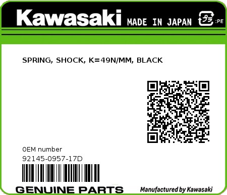 Product image: Kawasaki - 92145-0957-17D - SPRING, SHOCK, K=49N/MM, BLACK  0
