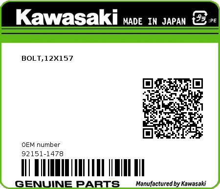 Product image: Kawasaki - 92151-1478 - BOLT,12X157  0