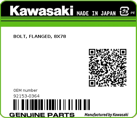 Product image: Kawasaki - 92153-0364 - BOLT, FLANGED, 8X78  0