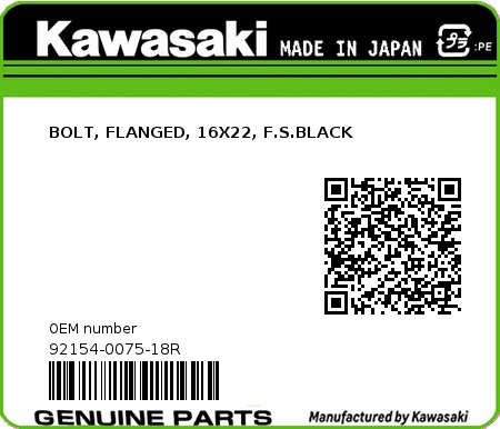 Product image: Kawasaki - 92154-0075-18R - BOLT, FLANGED, 16X22, F.S.BLACK  0