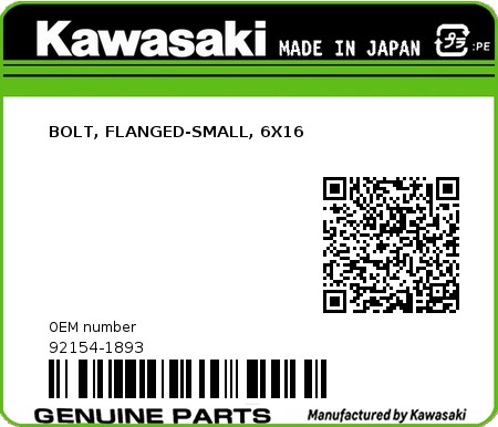 Product image: Kawasaki - 92154-1893 - BOLT, FLANGED-SMALL, 6X16  0
