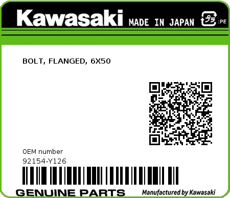 Product image: Kawasaki - 92154-Y126 - BOLT, FLANGED, 6X50  0