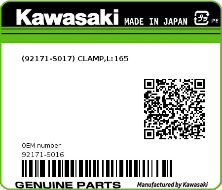 Product image: Kawasaki - 92171-S016 - (92171-S017) CLAMP,L:165  0