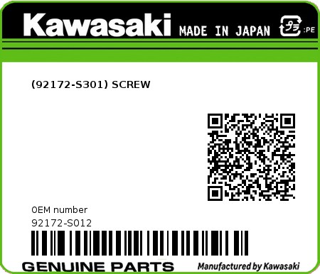 Product image: Kawasaki - 92172-S012 - (92172-S301) SCREW  0