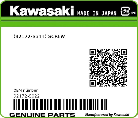Product image: Kawasaki - 92172-S022 - (92172-S344) SCREW  0