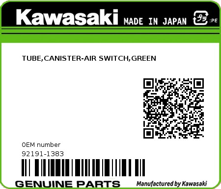 Product image: Kawasaki - 92191-1383 - TUBE,CANISTER-AIR SWITCH,GREEN  0